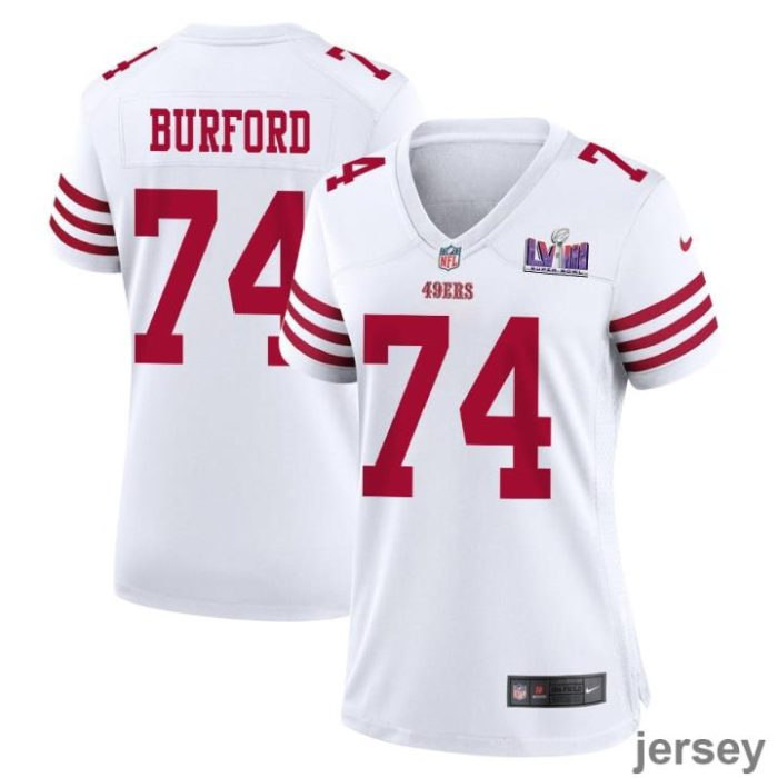 Spencer Burford 74 San Francisco 49ers Super Bowl LVIII Patch Game Women Jersey - White