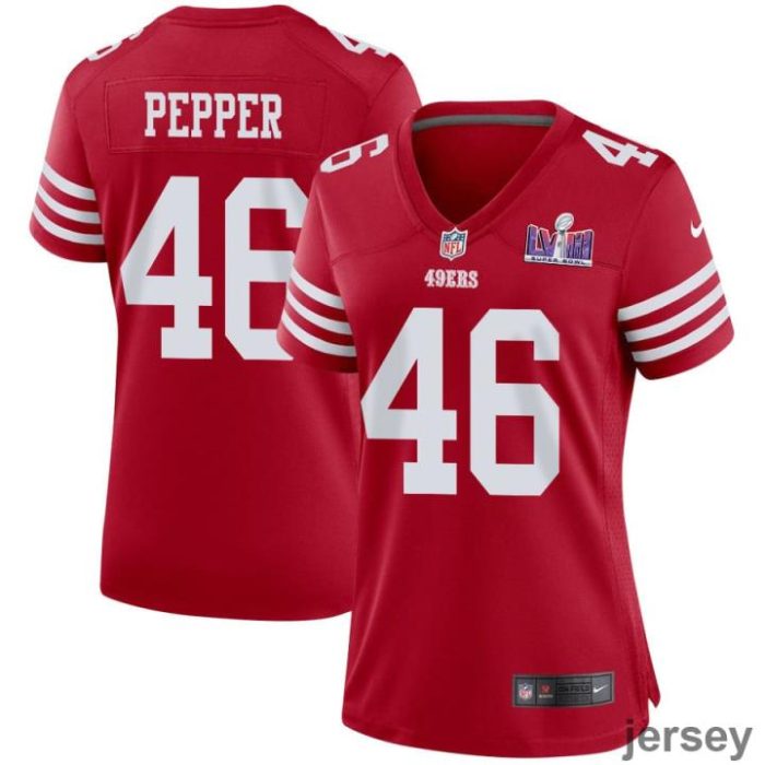 Taybor Pepper 46 San Francisco 49ers Super Bowl LVIII Patch Game Women Jersey - Scarlet