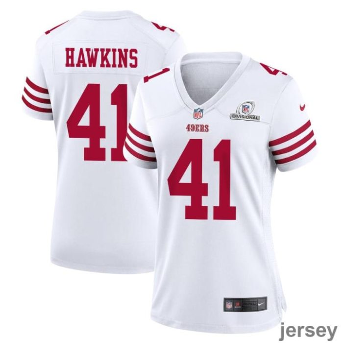 Tayler Hawkins 41 San Francisco 49ers 2024 Divisional Patch Game Women Jersey - White