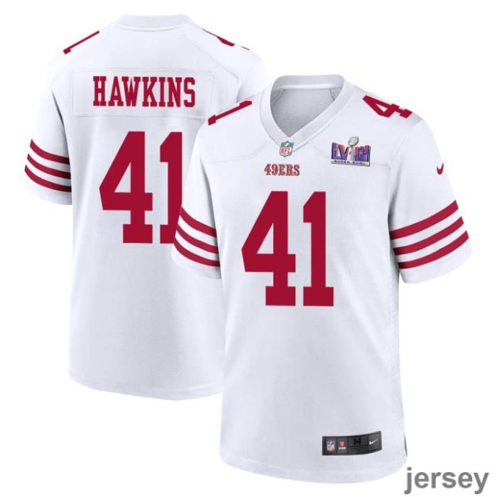 Tayler Hawkins 41 San Francisco 49ers Super Bowl LVIII Patch Game Men Jersey - White