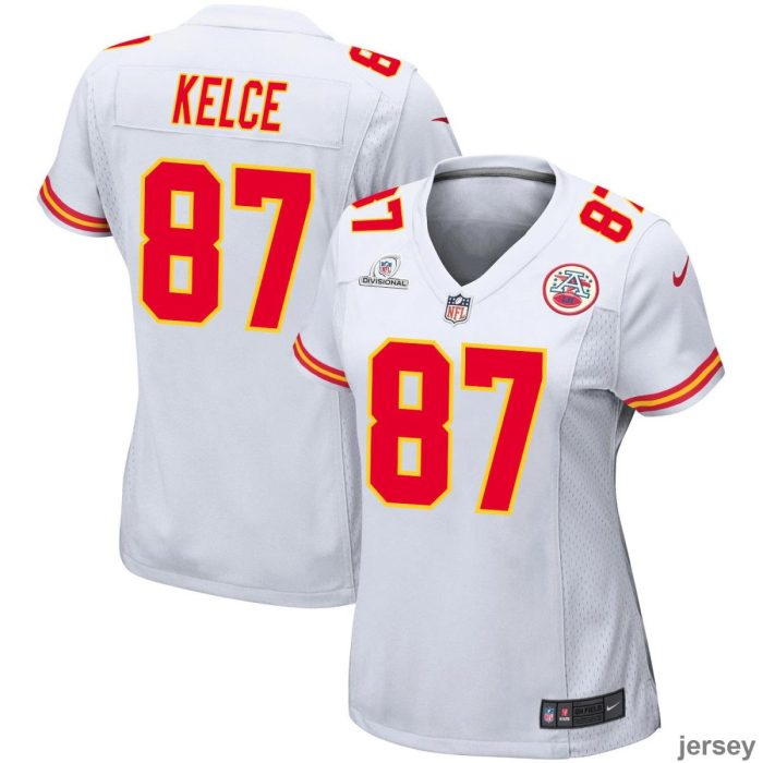 Travis Kelce 87 Kansas City Chiefs 2024 Divisional Patch Game Women Jersey - White