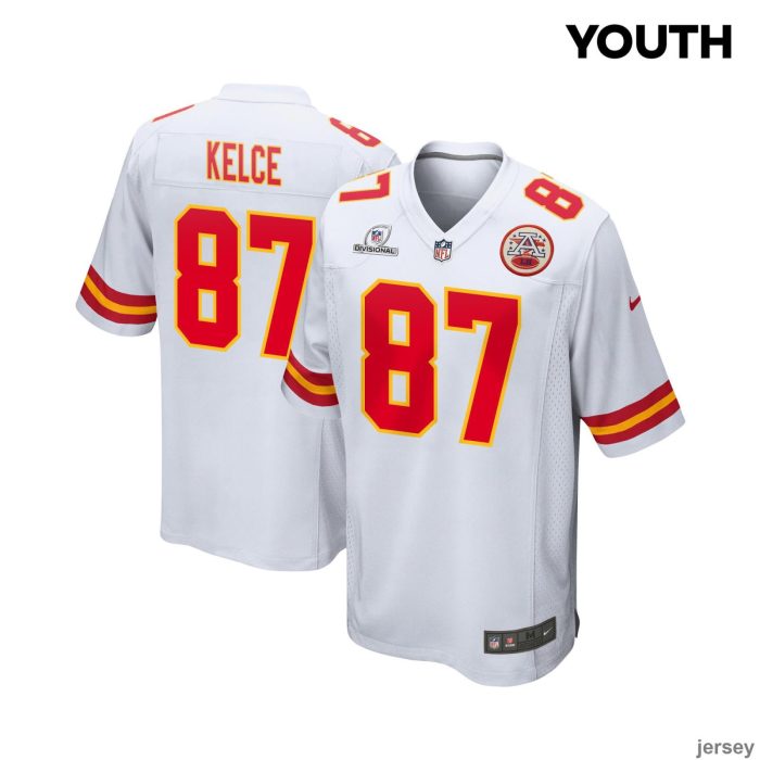 Travis Kelce 87 Kansas City Chiefs 2024 Divisional Patch Game YOUTH Jersey - White