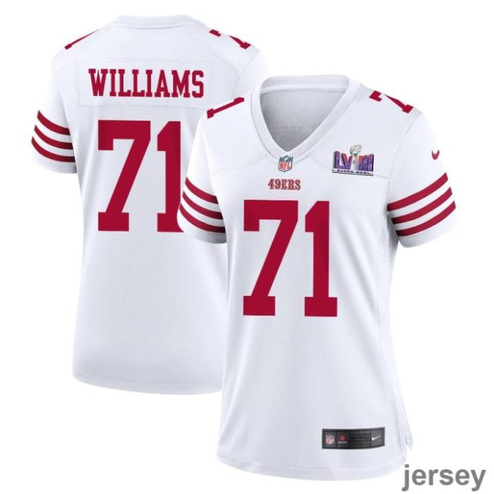 Trent Williams 71 San Francisco 49ers Super Bowl LVIII Patch Game Women Jersey - White