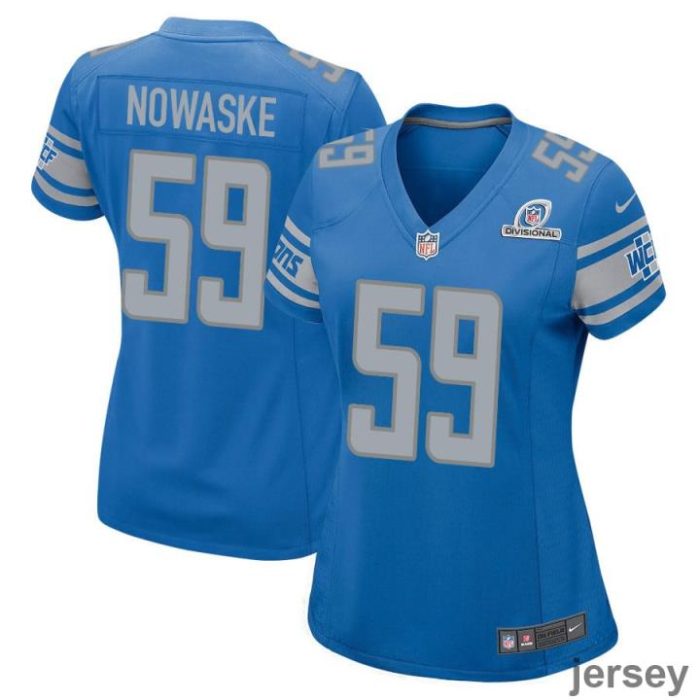 Trevor Nowaske 59 Detroit Lions 2024 Divisional Patch Game Women Jersey - Blue