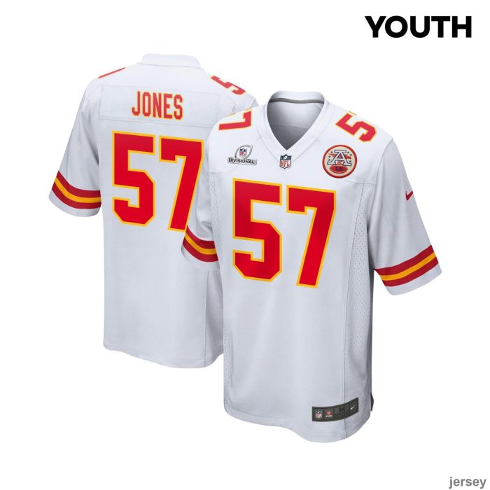 Truman Jones 57 Kansas City Chiefs 2024 Divisional Patch Game YOUTH Jersey - White