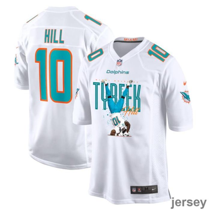 Tyreek Hill 10 Miami Dolphins Celebrating Game Men Jersey - White