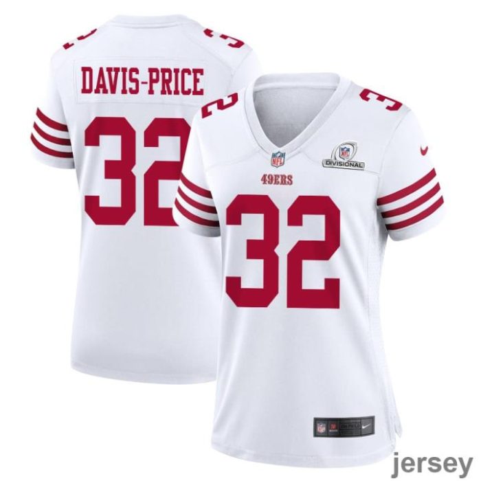 Tyrion Davis-Price 32 San Francisco 49ers 2024 Divisional Patch Game Women Jersey - White