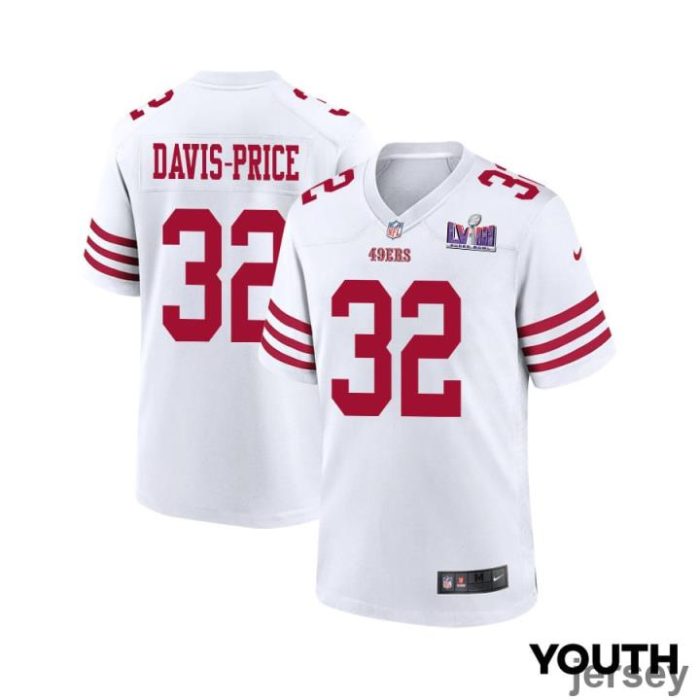 Tyrion Davis-Price 32 San Francisco 49ers Super Bowl LVIII Patch Game YOUTH Jersey - White