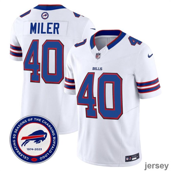 Von Miller 40 Buffalo Bills 50th Charging Logo Patch Game Men Jersey - White