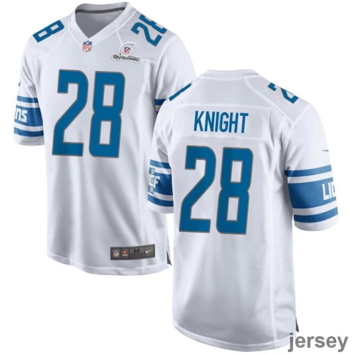 Zonovan Knight 28 Detroit Lions 2024 Divisional Patch Game Men Jersey - White